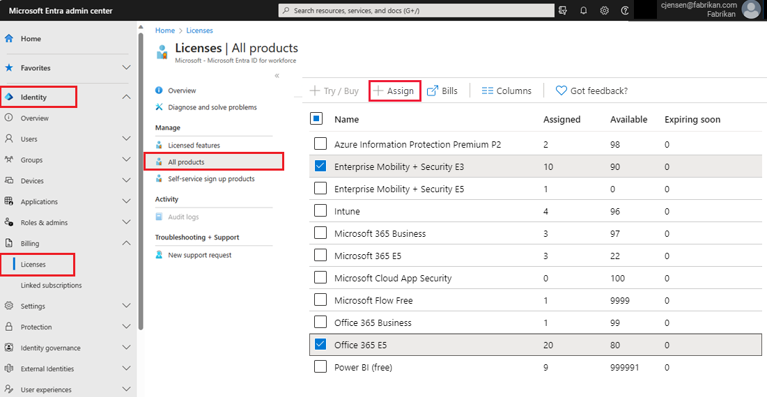 Screenshot of selecting products to assign licenses.