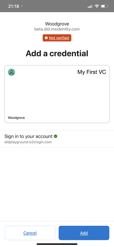 Screenshot that shows the unverified domain warning on the Add a credential screen.