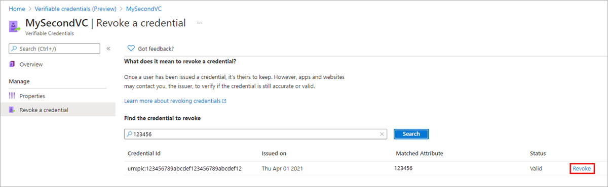 Screenshot that shows the credential to revoke.