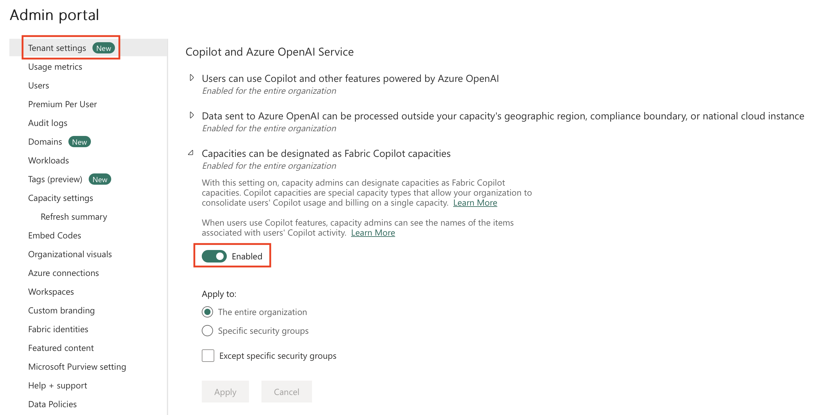 Screenshot of Fabric Copilot Capacity setting in the admin portal.