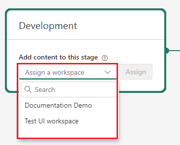 A screenshot showing the assign workspace dropdown in a deployment pipelines empty stage in the new UI.