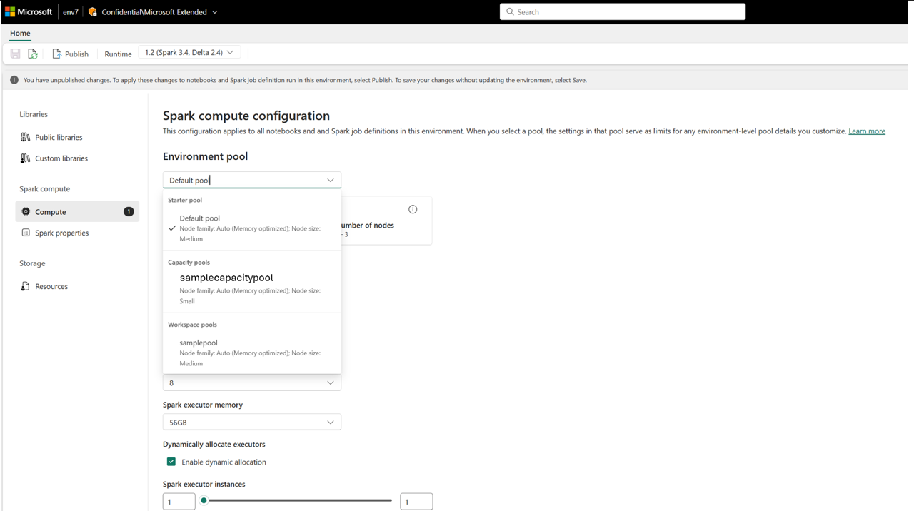 Screenshot showing the capacity pools listed  in Pool list within Environment compute settings.