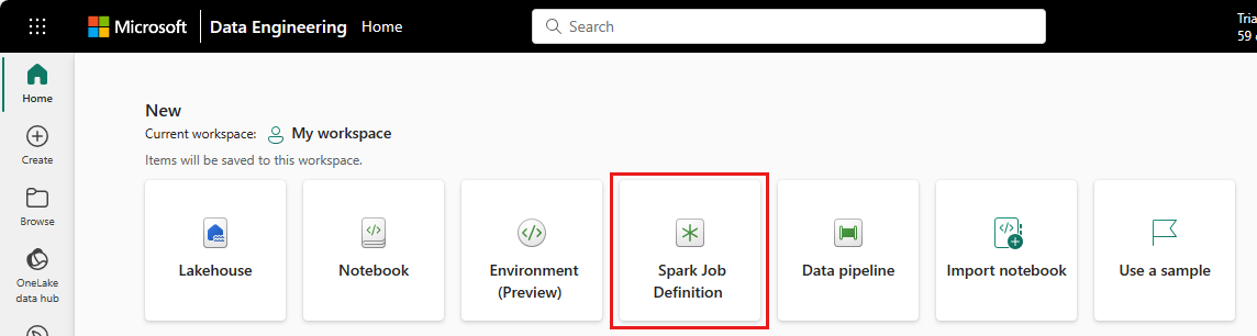 Screenshot showing where to select the Spark job definition card.