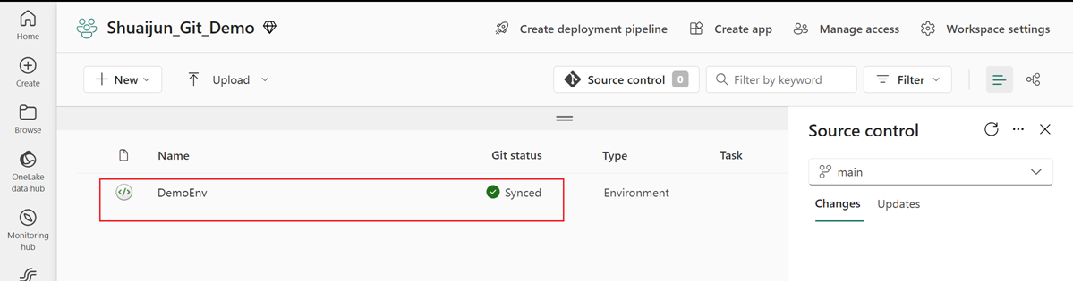 Screenshot of successfully connecting the workspace to an Azure DevOps repo.