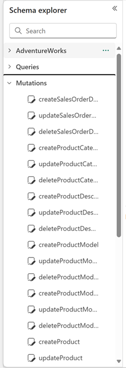 Screenshot of the Schema explorer pane, showing an expanded list of automatically generated mutations.