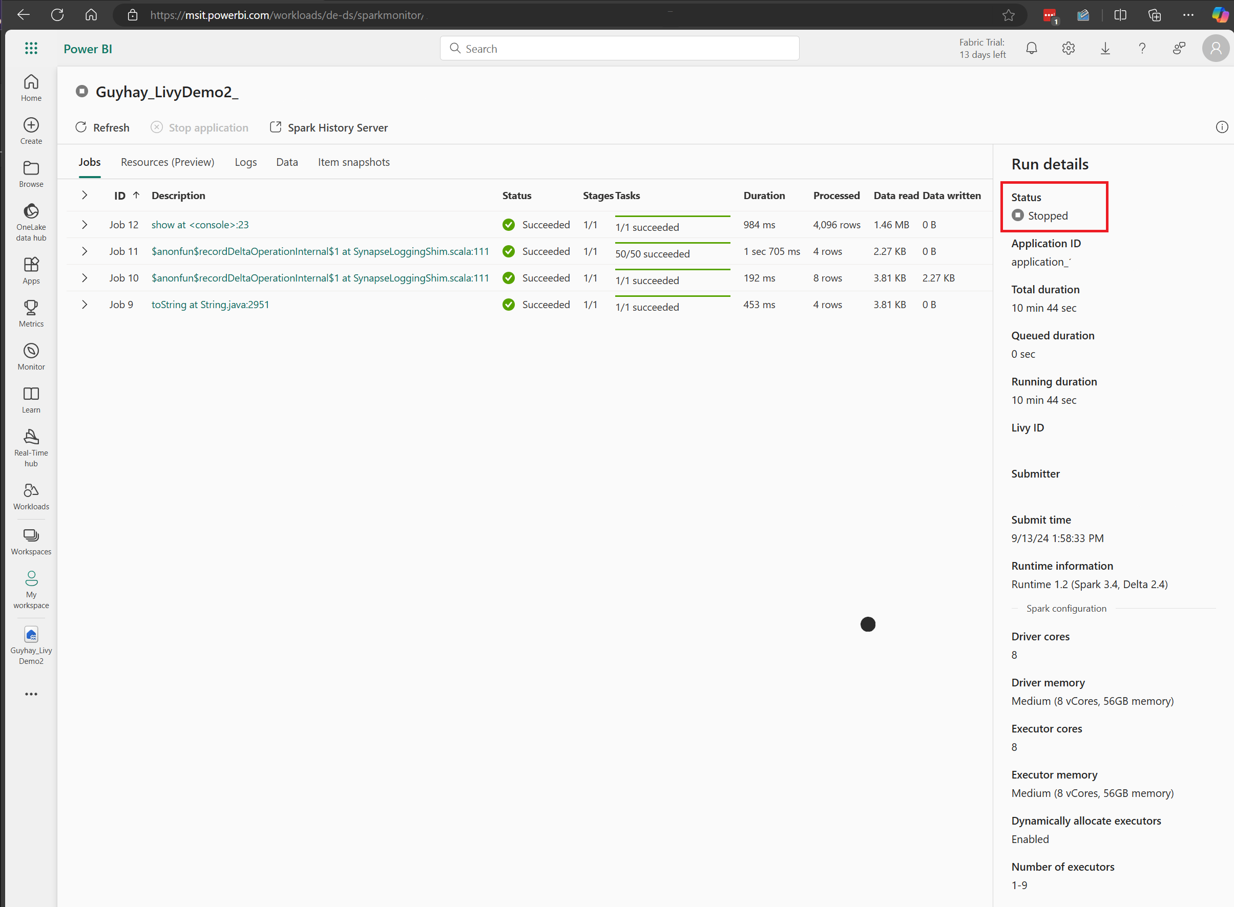 Screenshot showing most recent Livy API activity details in the Monitoring hub.