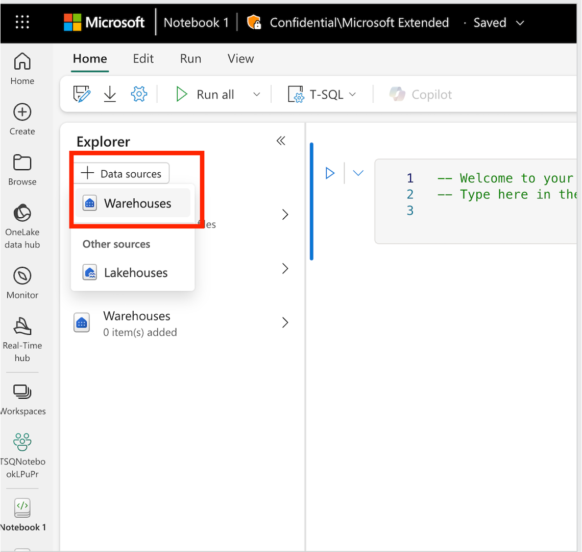 Screenshot of adding data warehouse or sql-endpoint into the notebook.