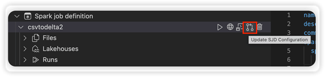 Screenshot showing where to select the Update SJD Configuration option for a Spark job definition.