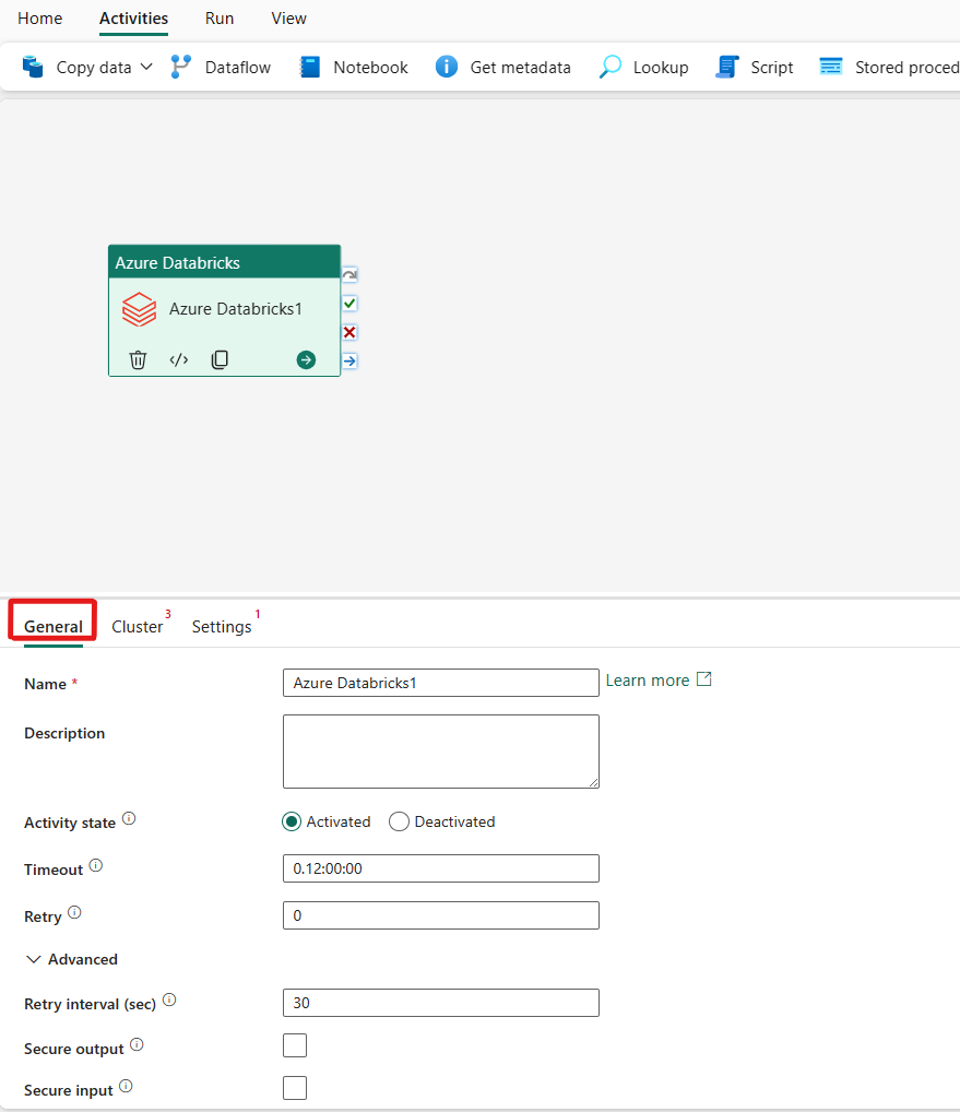 Screenshot showing the General settings tab of the Azure Databricks activity.