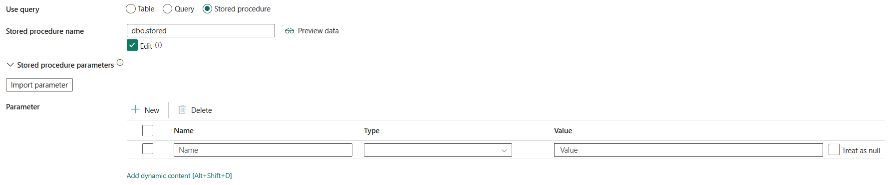 Screenshot showing stored procedure settings.