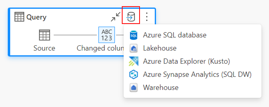 Screenshot of a query in diagram view with the add destinations icon emphasized and the list of destinations displayed.