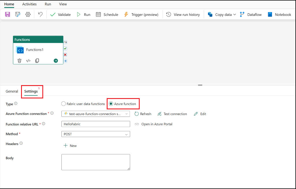 Screenshot showing the Settings tab of the Azure Function activity.