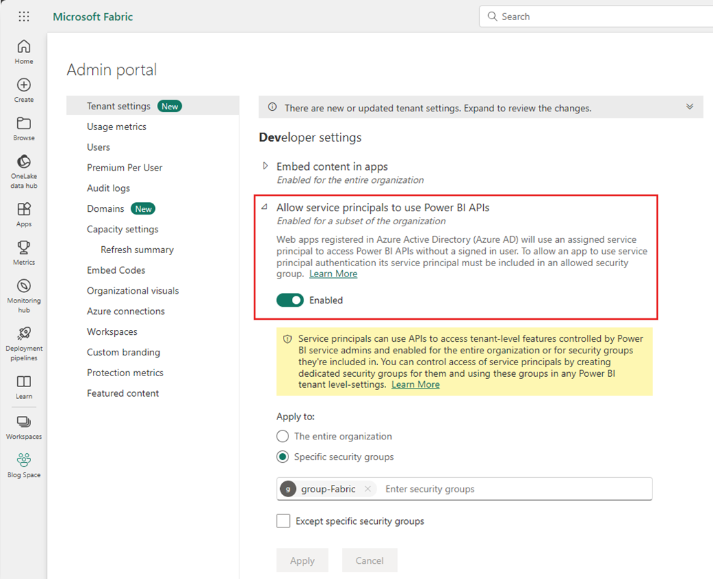 Screenshot showing the Power BI admin portal with the Allow service principals to user Power BI APIs option expanded and enabled.