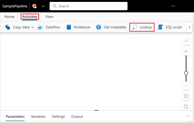Screenshot of the Fabric UI with the Activities pane and Lookup activity highlighted.