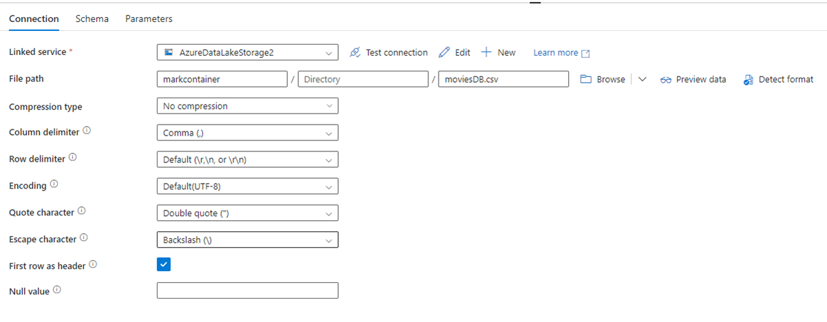 Screenshot showing the ADF dataset configuration page.