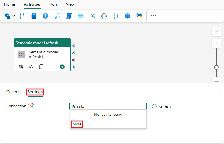 Screenshot showing the Semantic model refresh activity's main settings page.