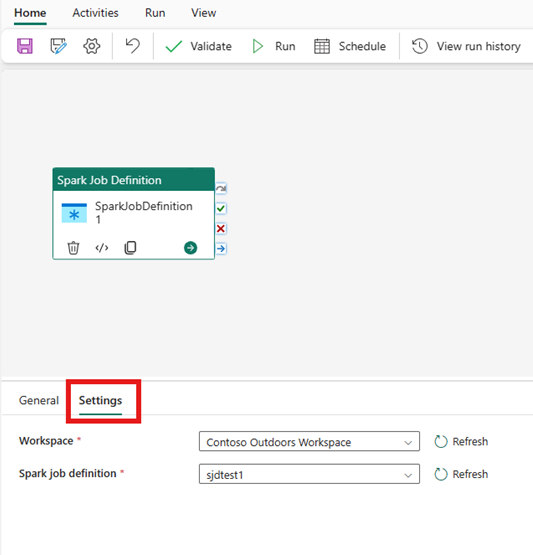 Screenshot showing the Settings tab of the Spark Job Definition properties pages in the pipeline editor window.