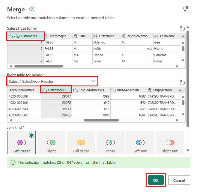 Screenshot of the Merge configuration screen.