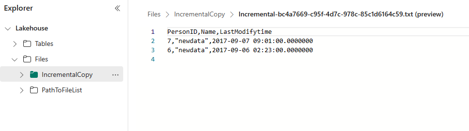 Screenshot showing lakehouse data preview for the second pipeline run.