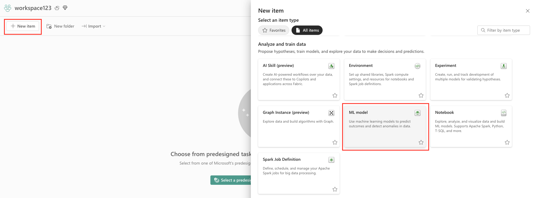 Screenshot showing where to select Experiment in your workspace.