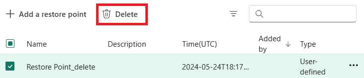Screenshot from the Fabric portal of the setting to delete a restore point.