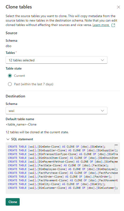 Screenshot showing the multiple clone tables.