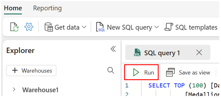 Screenshot of the Run option on the query editor ribbon.