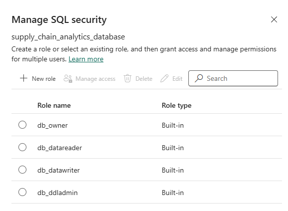 Screenshot shows the Manage SQL security page and available database roles.