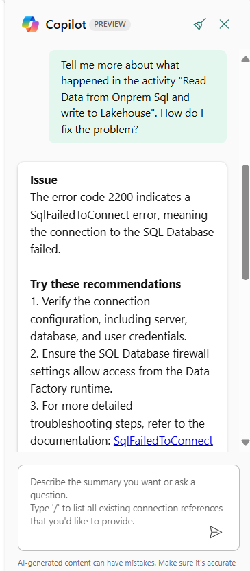 Screenshot showing the Copilot recommendations for troubleshooting a failed Data pipeline.