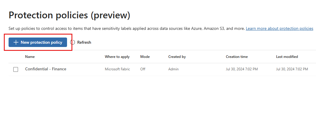 Screenshot of the Protection policies page, with the + New protection policy button highlighted.