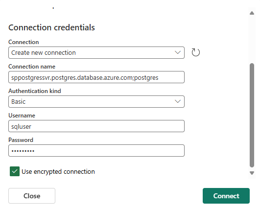 Screenshot that shows the Connection credentials section for the Azure PostgreSQL database connector.