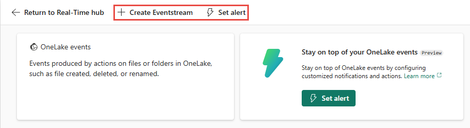 Screenshot that shows actions on the OneLake events detail page.