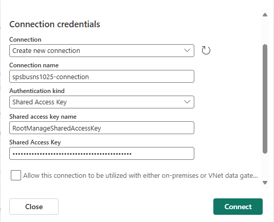 Screenshot that shows the Connect page one for Azure Service Bus connector.