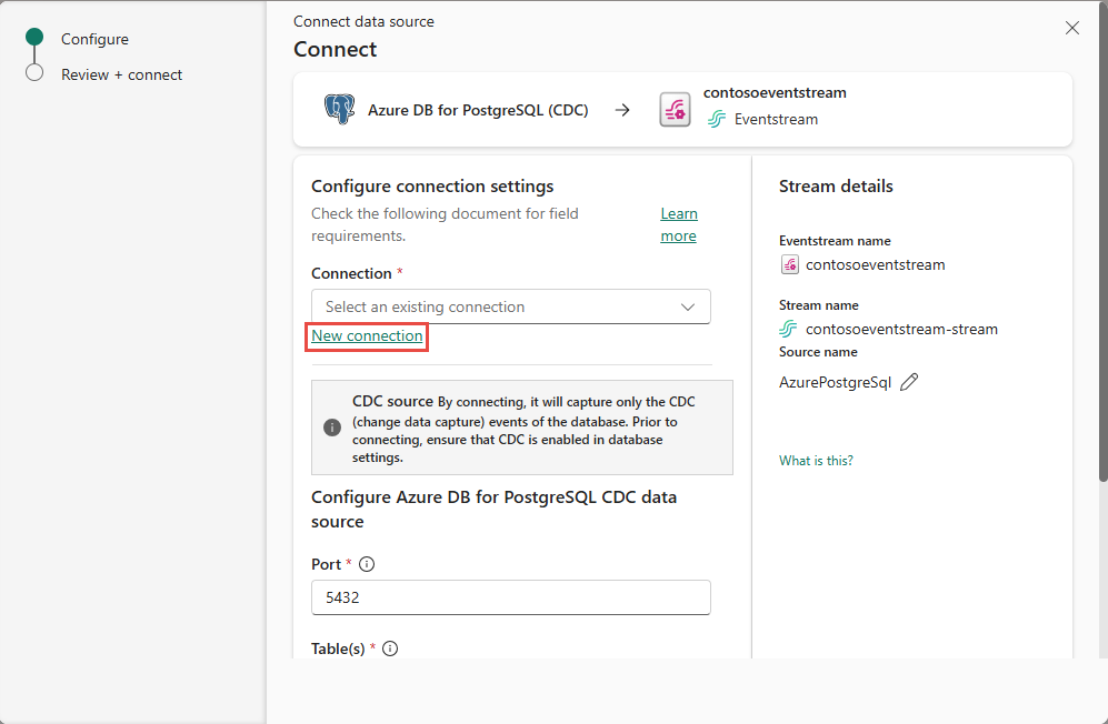 Screenshot that shows the Connect page for an Azure PostgreSQL database with New connection link highlighted.