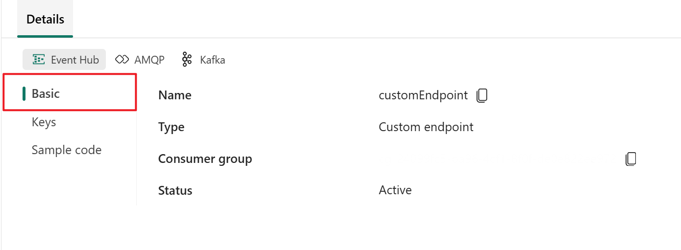 Screenshot that shows basic details for a custom endpoint in the eventstream live view.