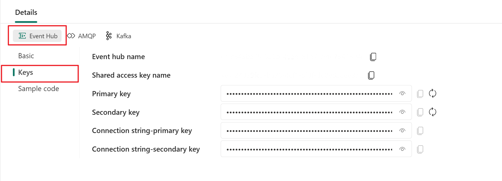 Screenshot that shows event hub keys on the Details pane of the eventstream live view.