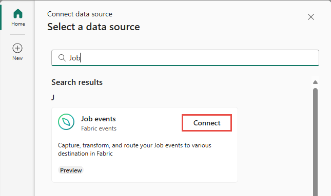 Screenshot that shows the selection of Fabric Job events as the source type in the Select a data source window.