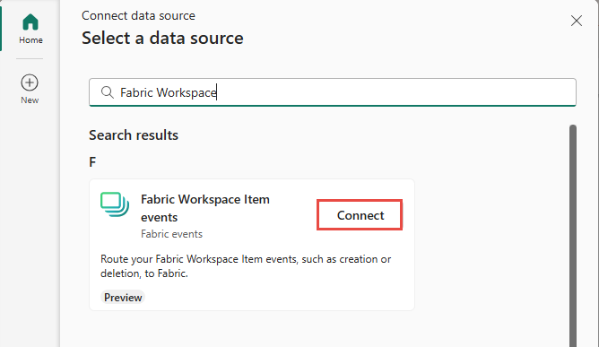 Screenshot that shows the selection of Fabric Workspace item events as the source type in the Select a data source window.