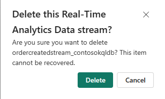 Screenshot showing the confirmation dialog box for deleting an eventstream.