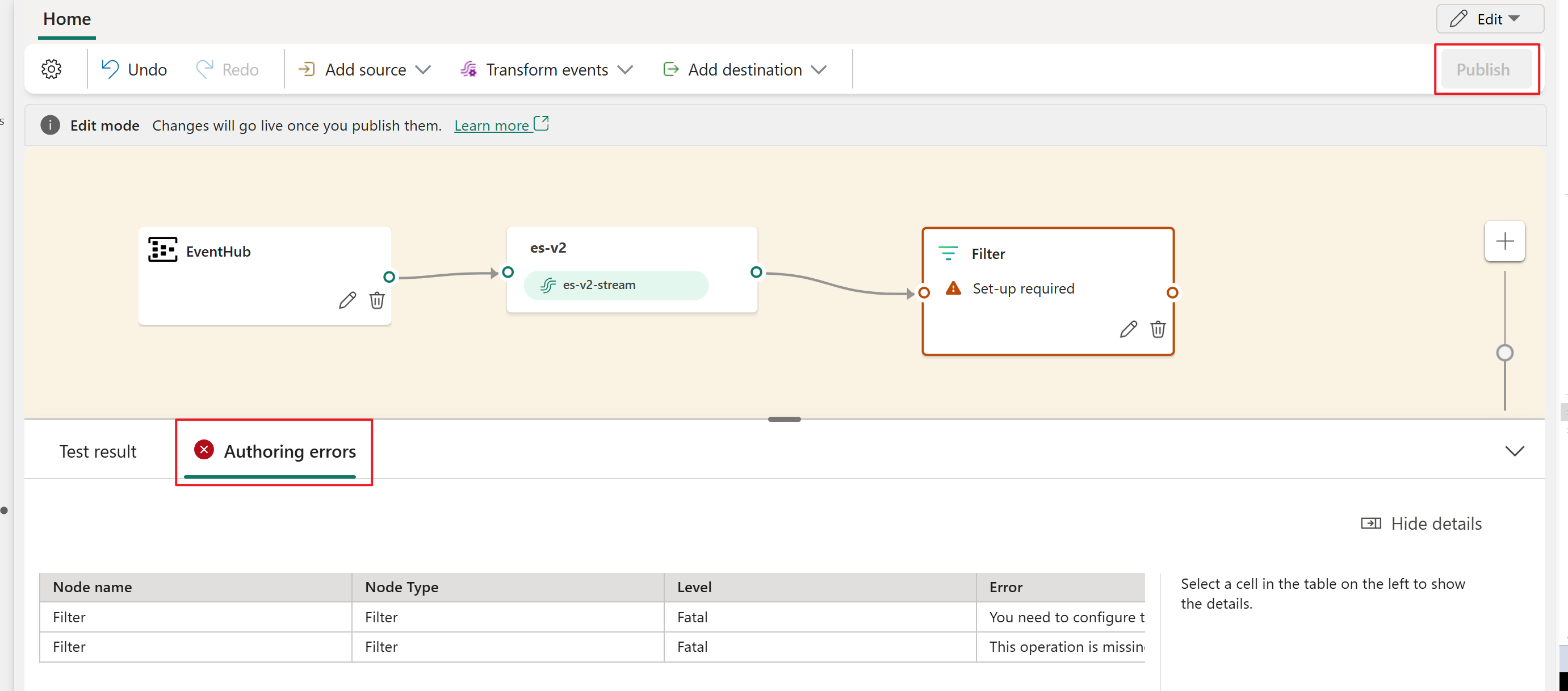 A screenshot showing an Authoring error that prevents publishing.