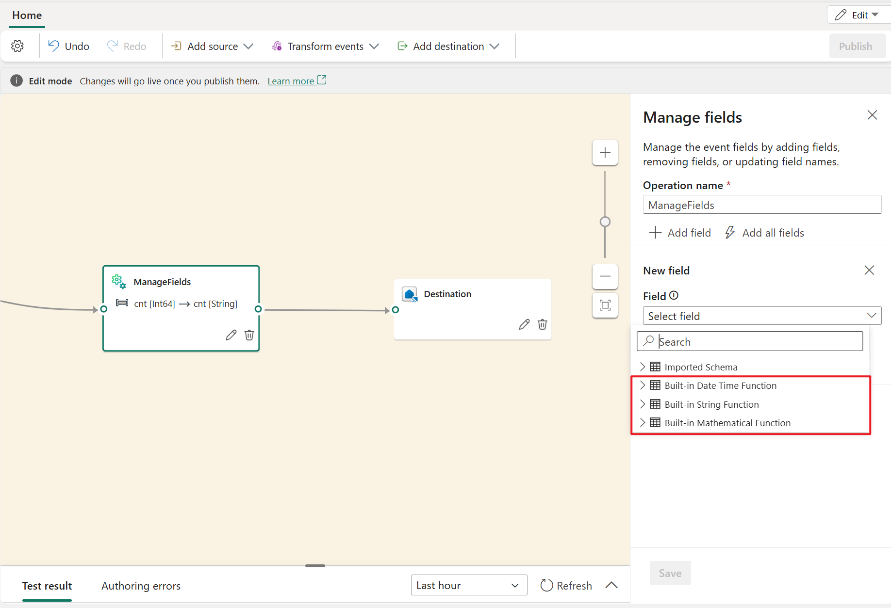 Screenshot showing the Manage field built-in functions.