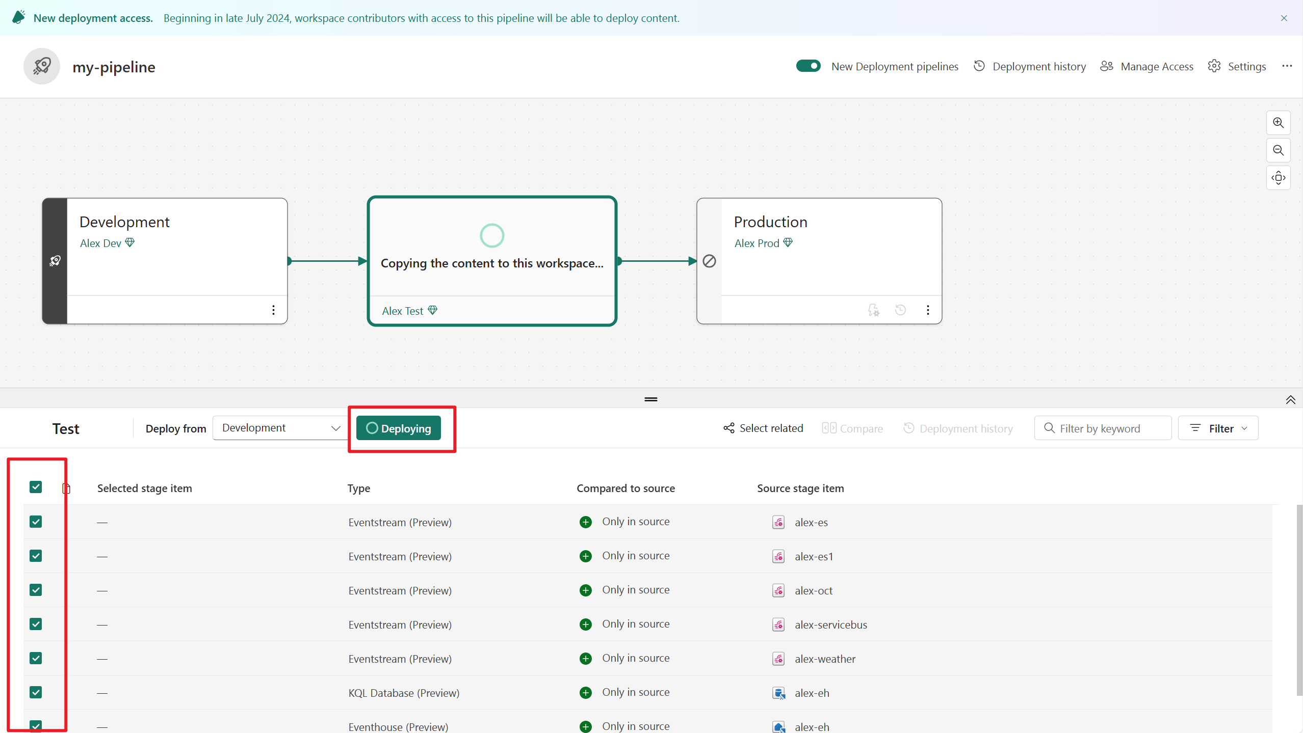 Screenshot that shows how to deploy content to different stages.