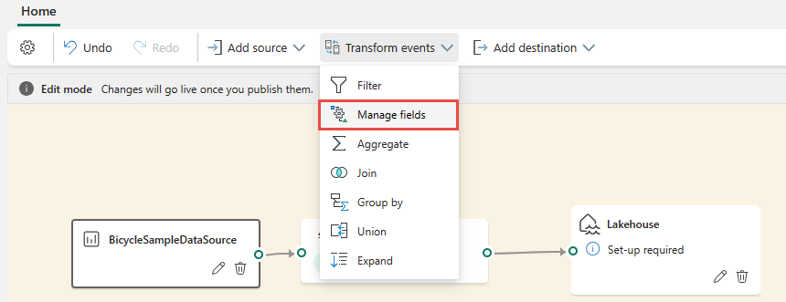 Screenshot showing the selection Manage fields on the ribbon.