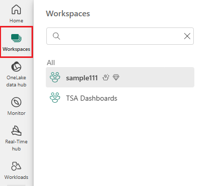 Screenshot of the left menu of UI that shows the dropdown menu of the icon titled workspaces. The workspaces icon is highlighted.