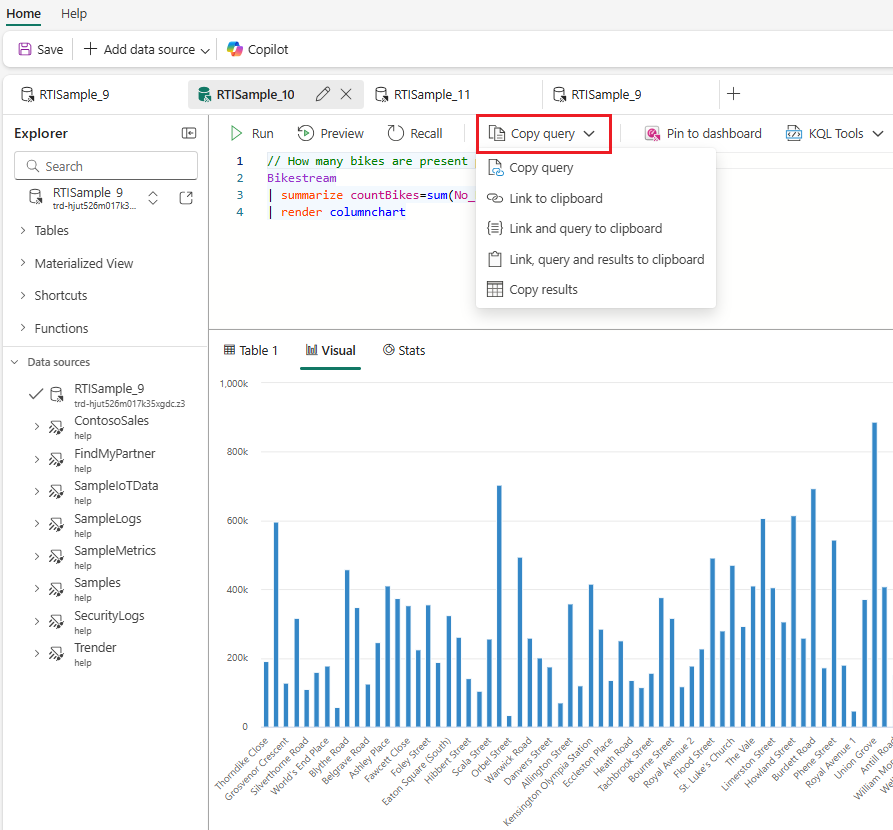 Screenshot of the Manage tab of the KQL Queryset showing the dropdown of the copy query or query results option.