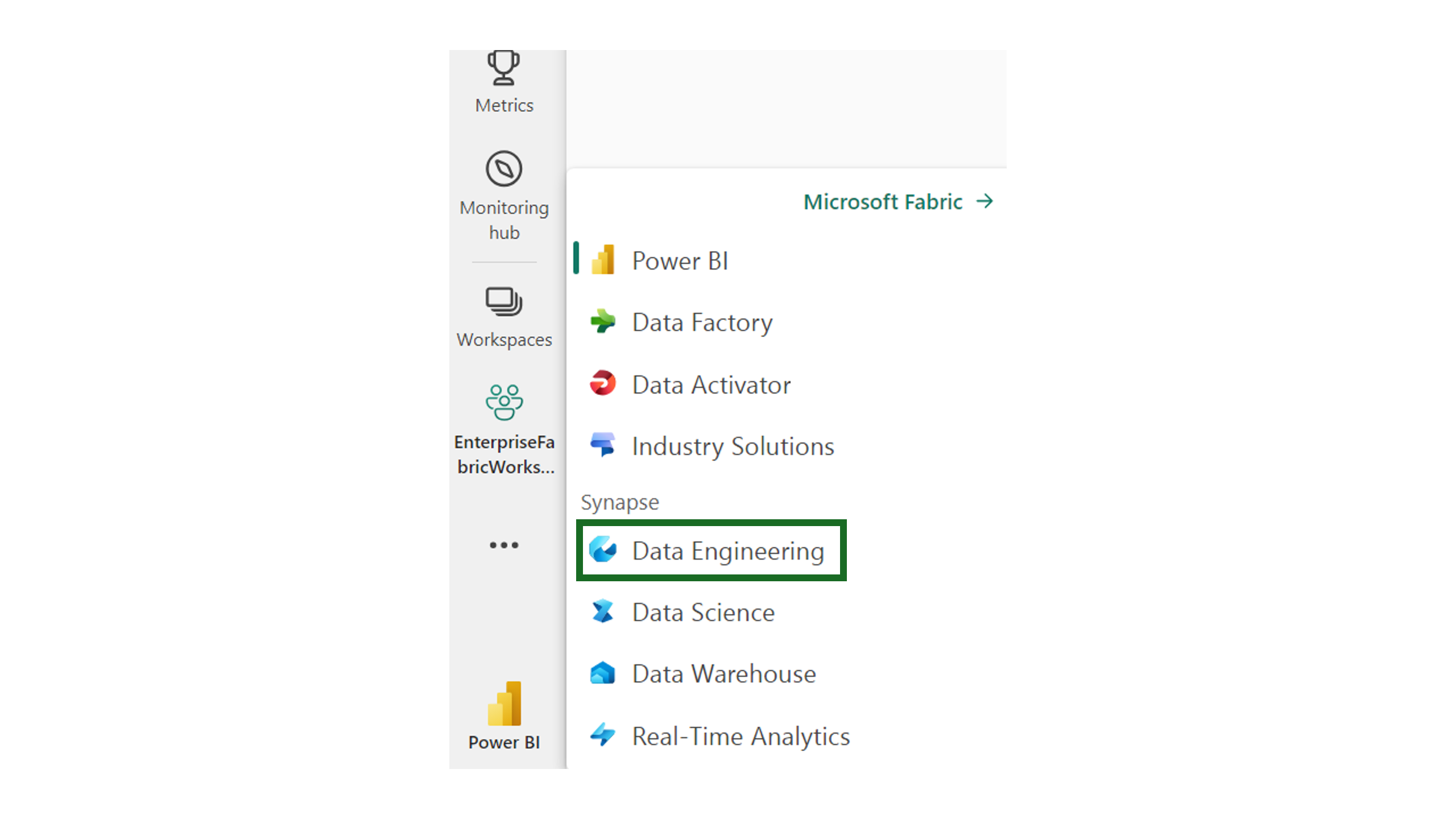 Screenshot showing how to get into the data engineering experience in Fabric.