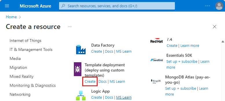 Screenshot of the Create template link in the Create a resource section.