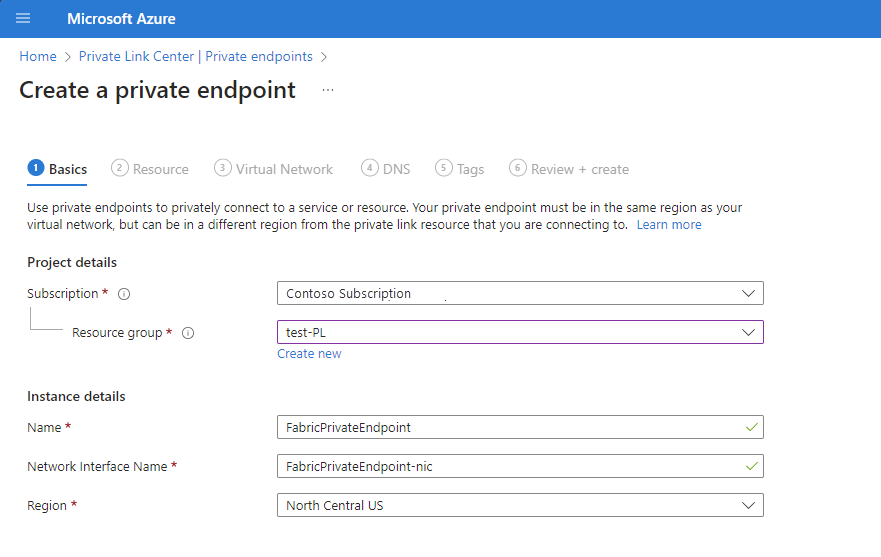 Screenshot of the Basics tab in Create a private endpoint.