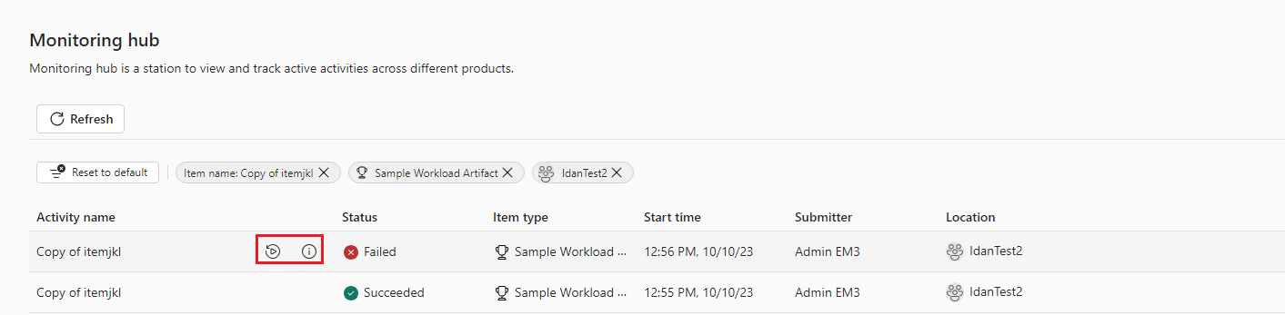 Screenshot showing jobs quick actions buttons in the monitoring hub.