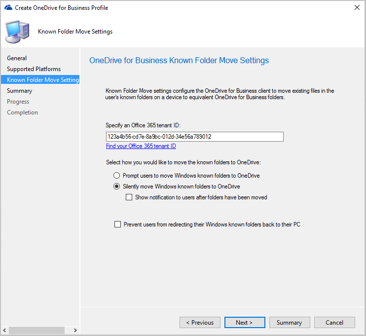 OneDrive for Business Known Folder Move Settings